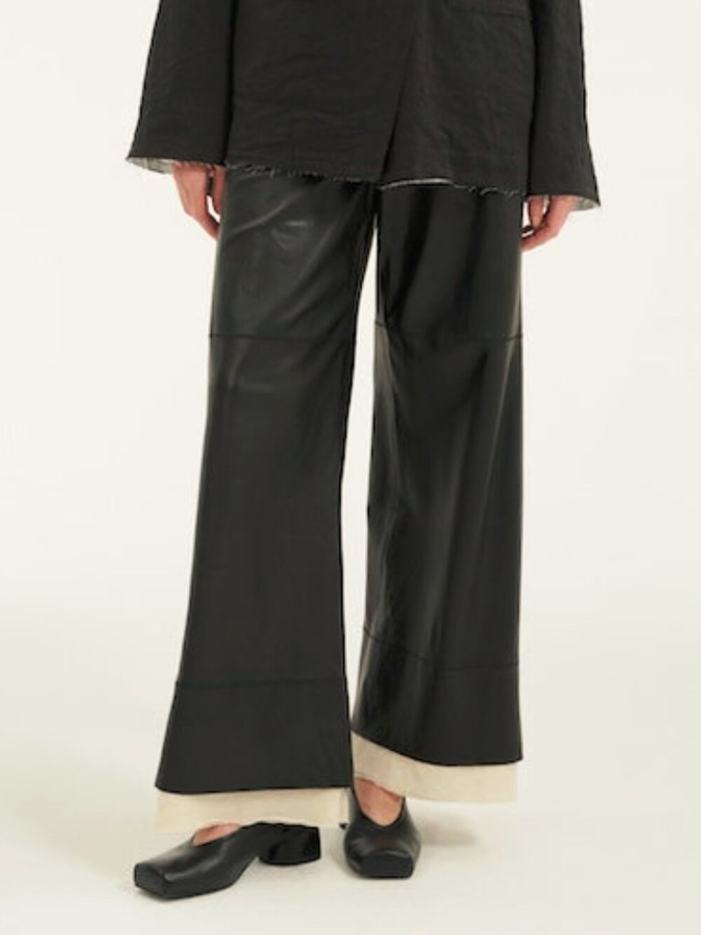 Annette Gortz SS25 Alwin Black Lambskin Wide-Leg Contrast-Hem Trousers